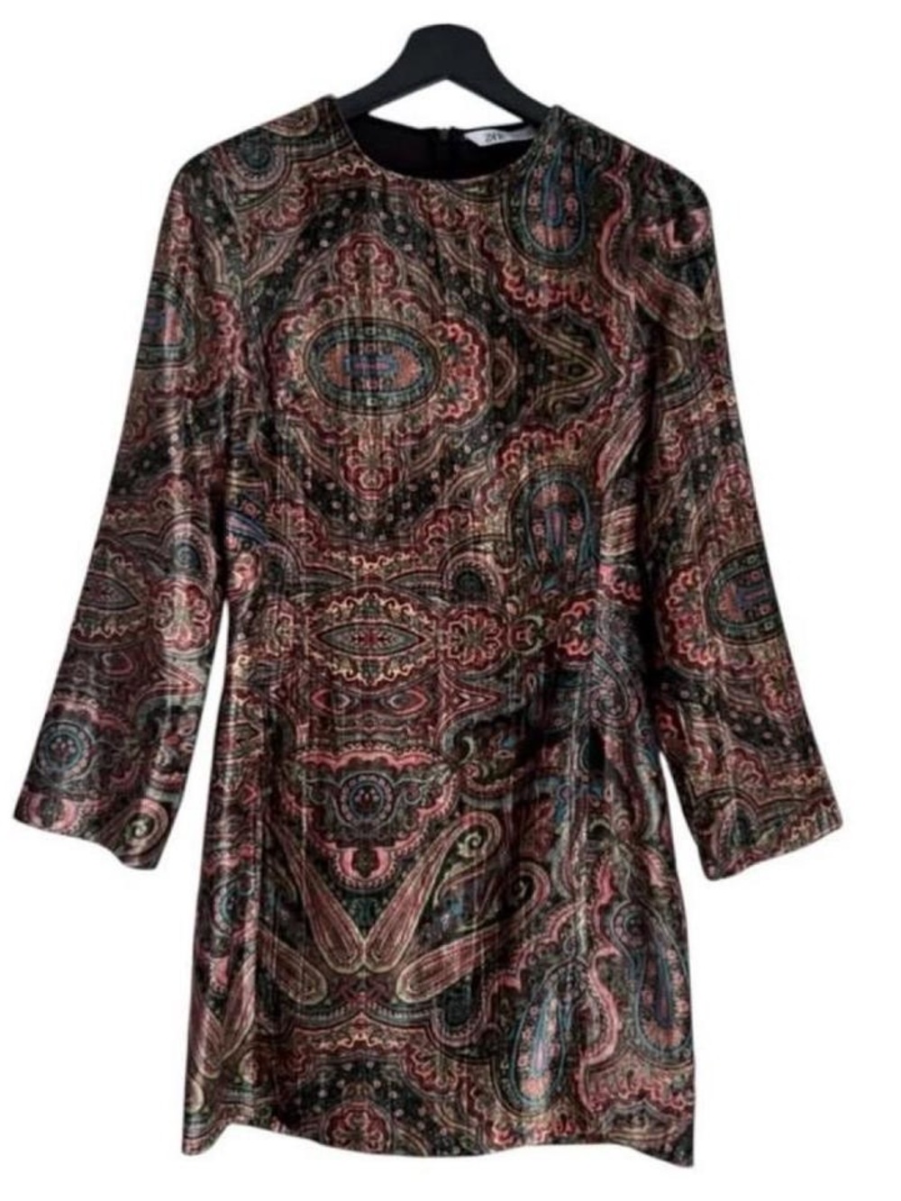 Zara Velvet Paisley Mini Dress Retro 70s style Long Sleeves Bodycon Mod Boho 90s